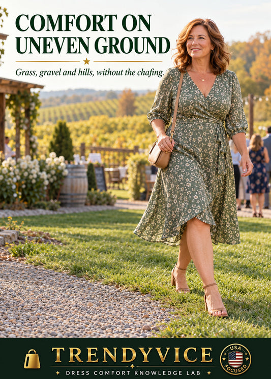 Woman in a sage-green floral dress and block-heel sandals walking comfortably across grass and gravel at an American vineyard in autumn, illustrating dress comfort on uneven ground without thigh chafing.