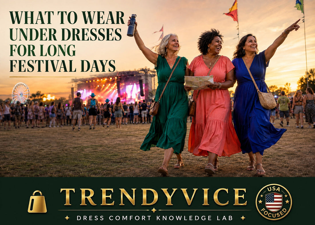 Three women over 45 walking comfortably in colorful dresses at a summer music festival, ready for a long day through the evening headliner.