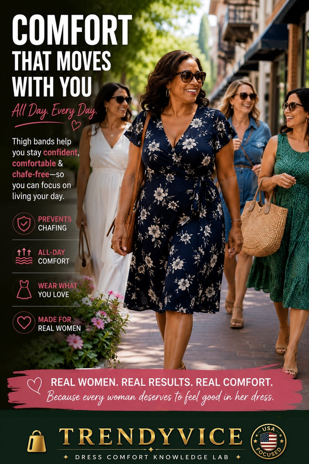 Do thigh bands actually work? Diverse American women walking comfortably in dresses during a warm-weather day, illustrating dress comfort, confidence, and thigh chafing prevention.