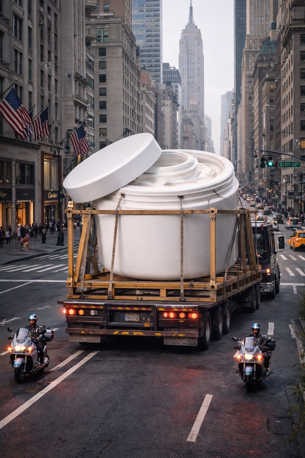 Large white cosmetic jar secured on a flatbed truck driving through a city street