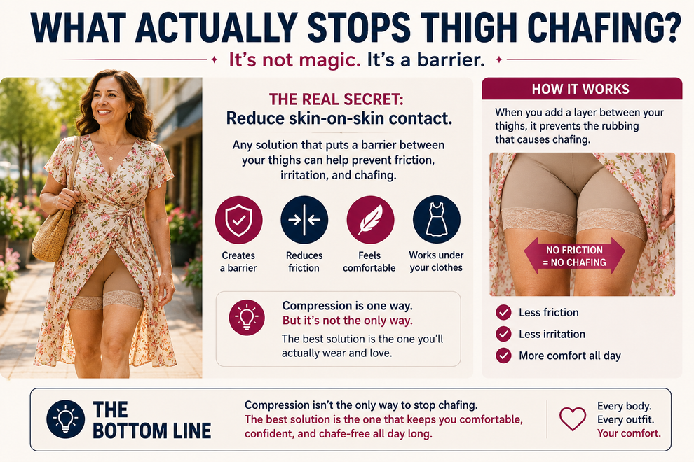 Illustration showing how a barrier between the thighs helps prevent thigh chafing, reduce inner thigh friction, and improve dress comfort when wearing dresses.