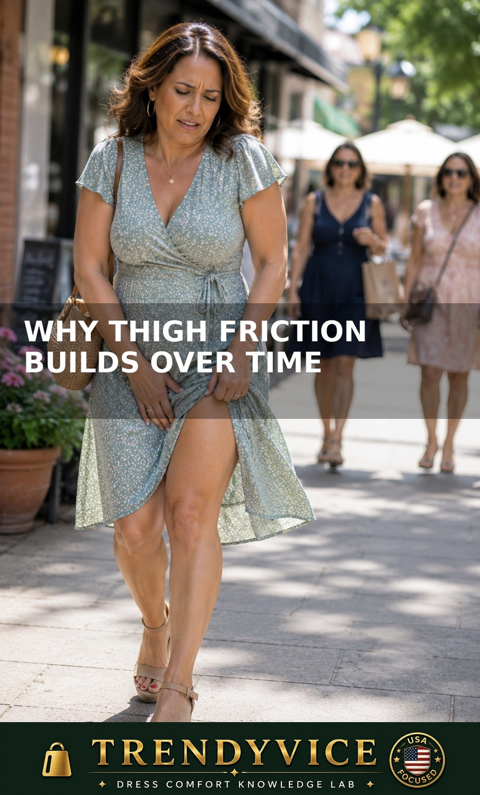 Why thigh friction builds over time during long walking days. American woman experiencing inner thigh discomfort while wearing a dress, illustrating how repeated movement, heat, and skin contact can increase thigh chafing throughout the day.