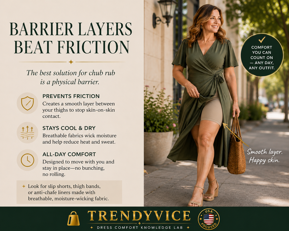 Barrier layers beat friction infographic showing how anti-chafe thigh bands and slip shorts prevent chub rub by creating a breathable fabric barrier between the inner thighs during walking.