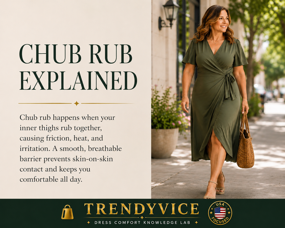 What is chub rub? Educational illustration showing a mid-size woman walking comfortably in a dress while explaining how inner thigh friction causes chafing and how breathable anti-chafe barriers help prevent irritation.