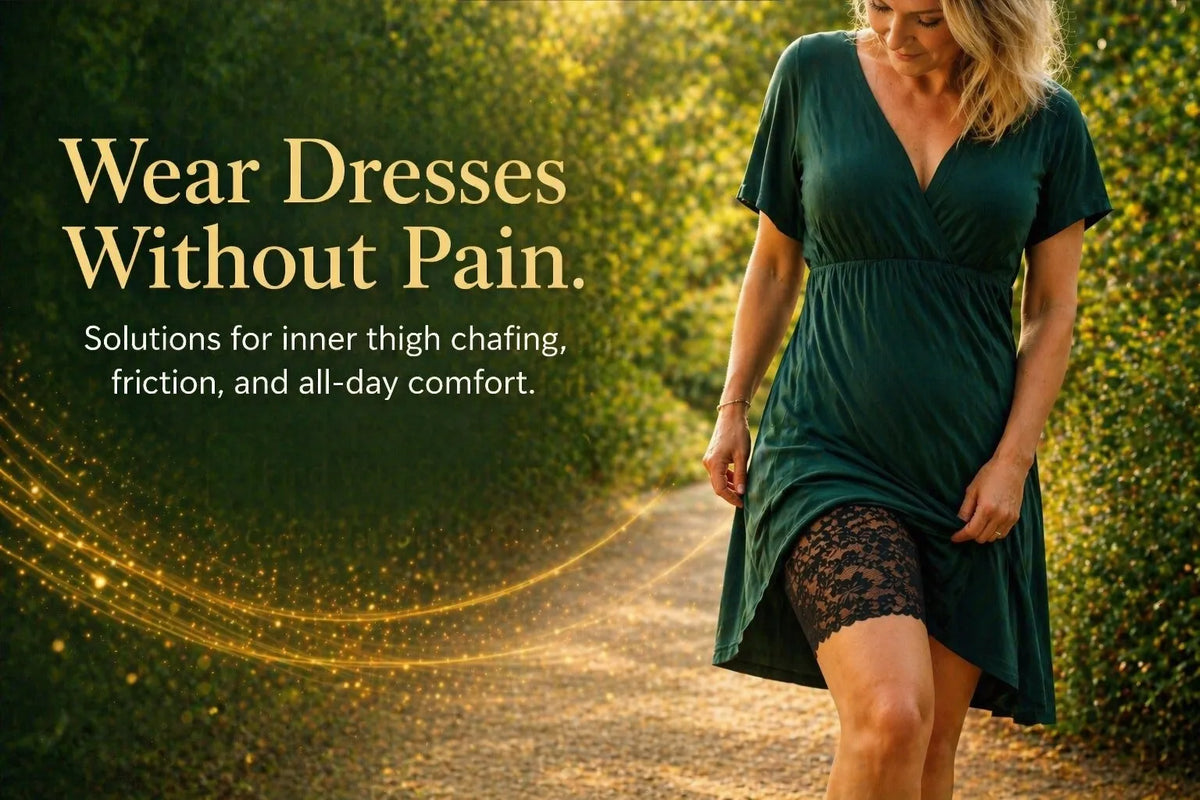 Woman walking outdoors in a green dress with a lace hem — Trendyvice solutions for inner thigh chafing and all-day dress comfort.