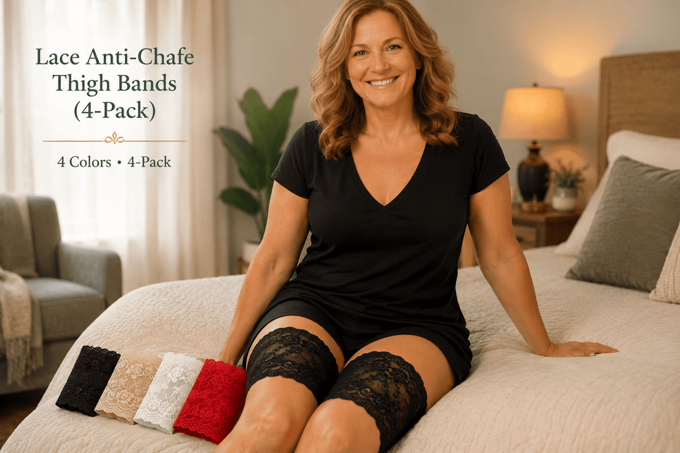 Lace Anti-Chafe Thigh Bands 4-Pack from Trendyvice in black, white, red, and beige — breathable bands for multi-day festival comfort under dresses.