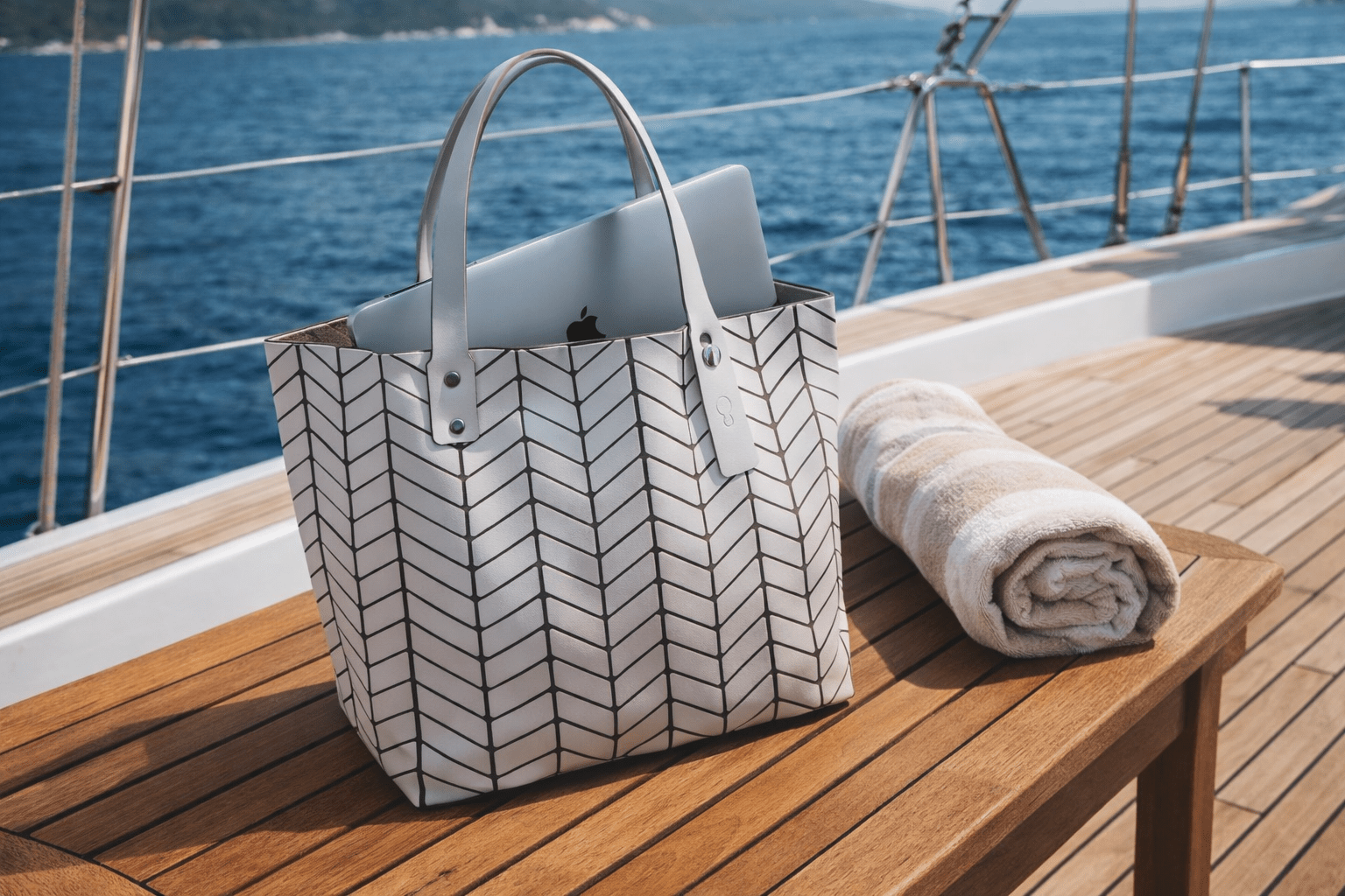Structured tote bag with geometric pattern on a wooden boat deck
